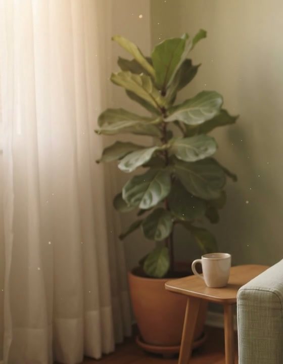 Canto do consultório com planta, cortina clara e uma xícara na mesinha