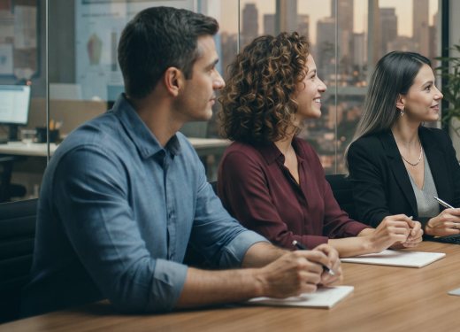 Equipe sentada à mesa de reunião, ouvindo com atenção